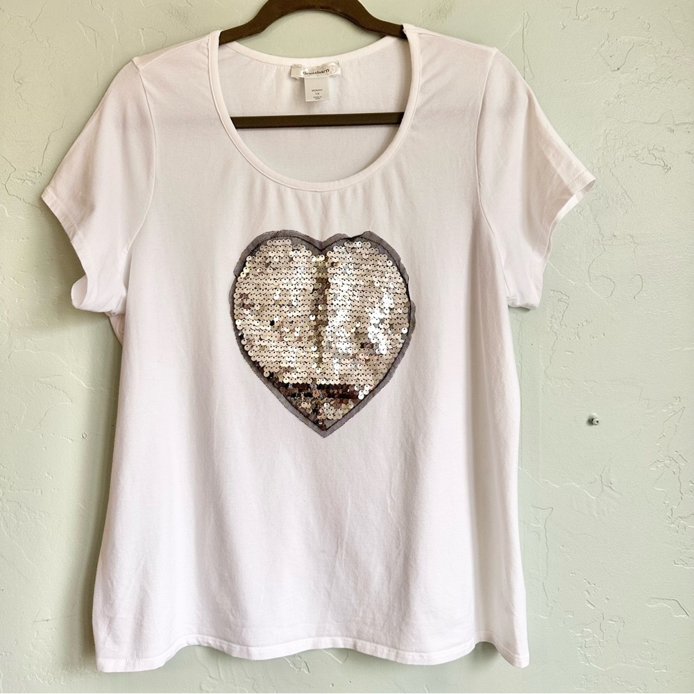 Dressbarn Women's White Short Sleeve Tee Sequin Heart‎ Size 1X EUC Y2K Vibes